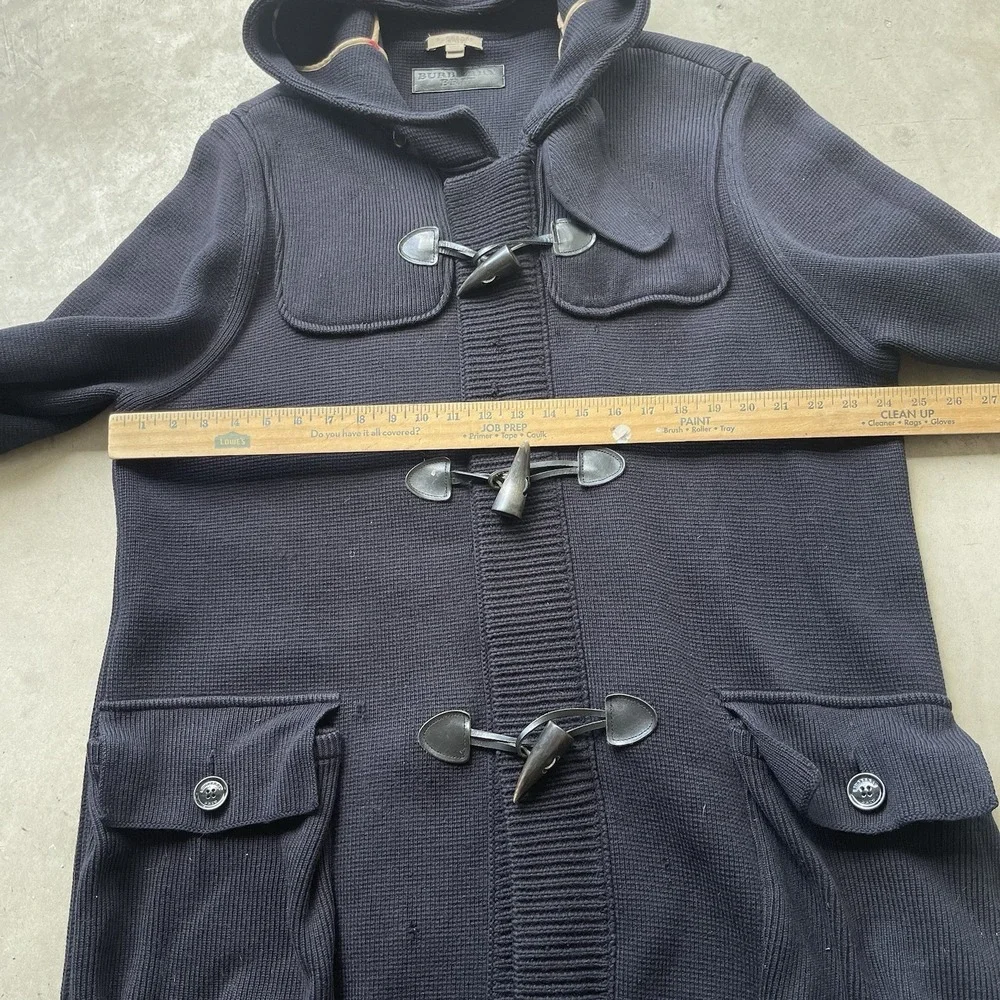 Burberry Brit Merino Wool Knit Duffle Coat Navy Hooded Toggle Nova Check XL - Picture 4 of 10